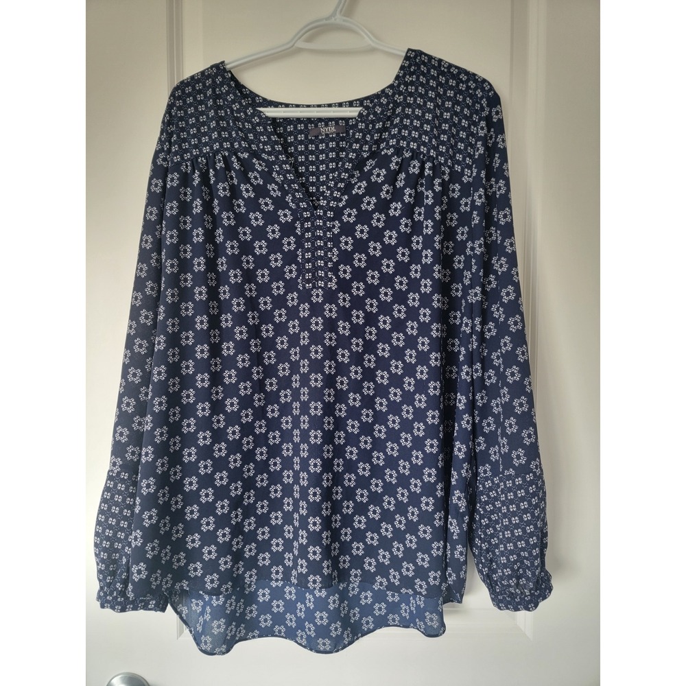 NYDJ Navy Blue White Geometric Floral Print V-Neck Peasant Blouse Top Womens XL